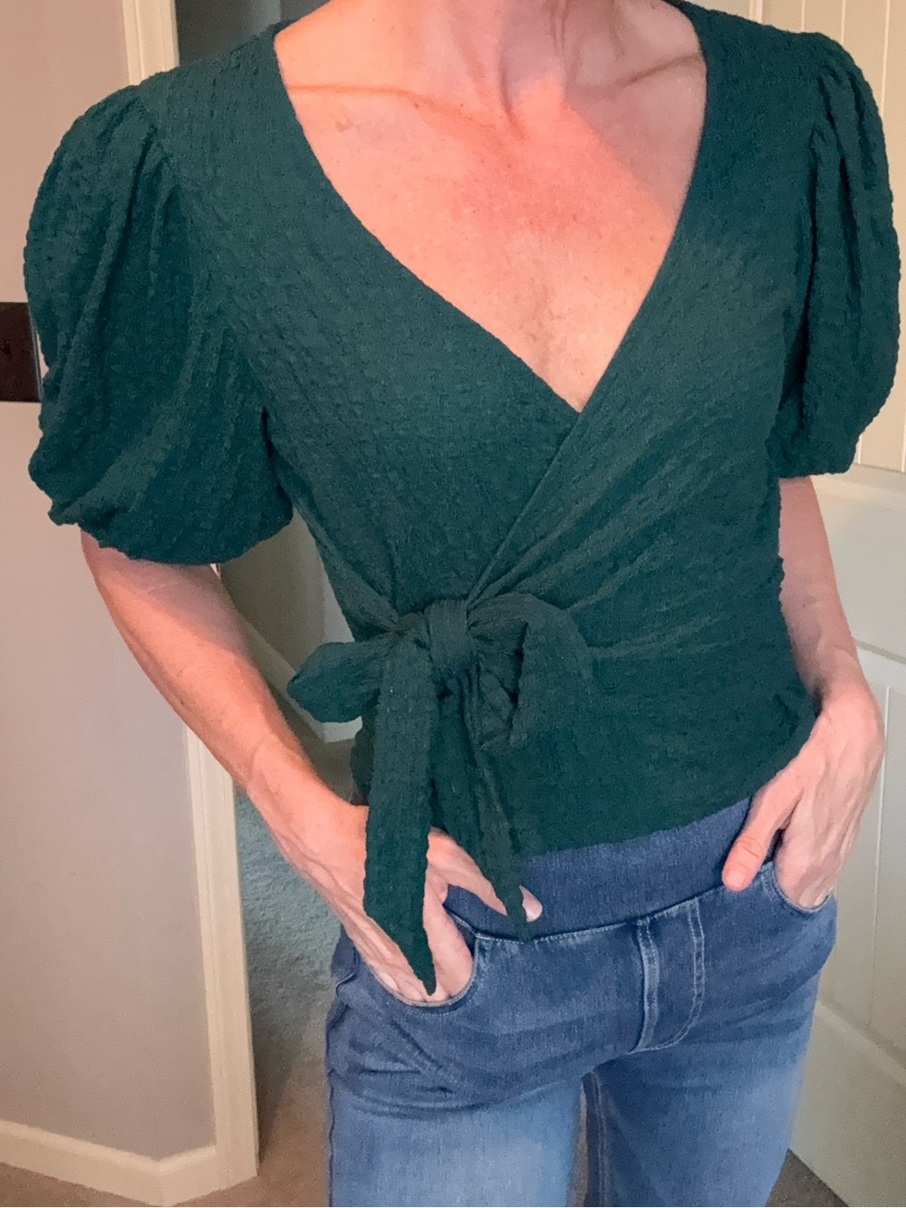 Francesca's Collections Teal Green Wrap Puff-Sleeve Blouse